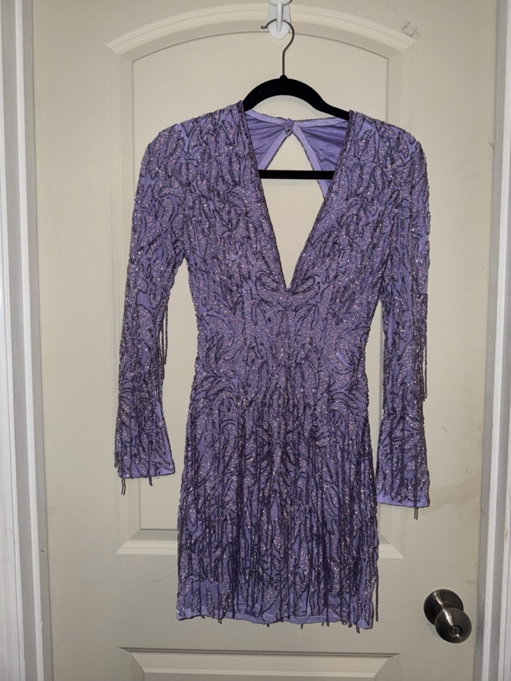 NWT Sherri Hill Lavender Beaded V-Neck Long Sleeve Cocktail Party Dress